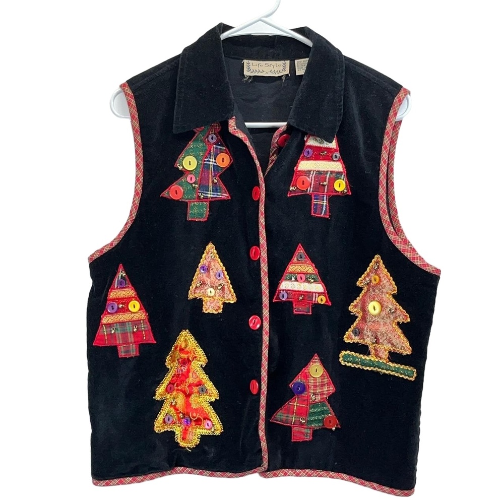 Vintage Life Style Womens Christmas Embroidered Cotton Button Velvet Vest Large‎
